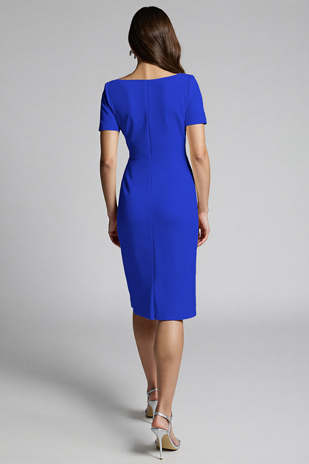 Dusty Blue Bodycon Square Neck Midi Satin Work Dress with Slit Dusty Blue Bodycon Square Neck Midi Satin Work Dress with Slit