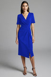 Royal Blue Bodycon V-Neck Midi Satin Work Dress with Short Sleeves Royal Blue Bodycon V-Neck Midi Satin Work Dress with Short Sleeves