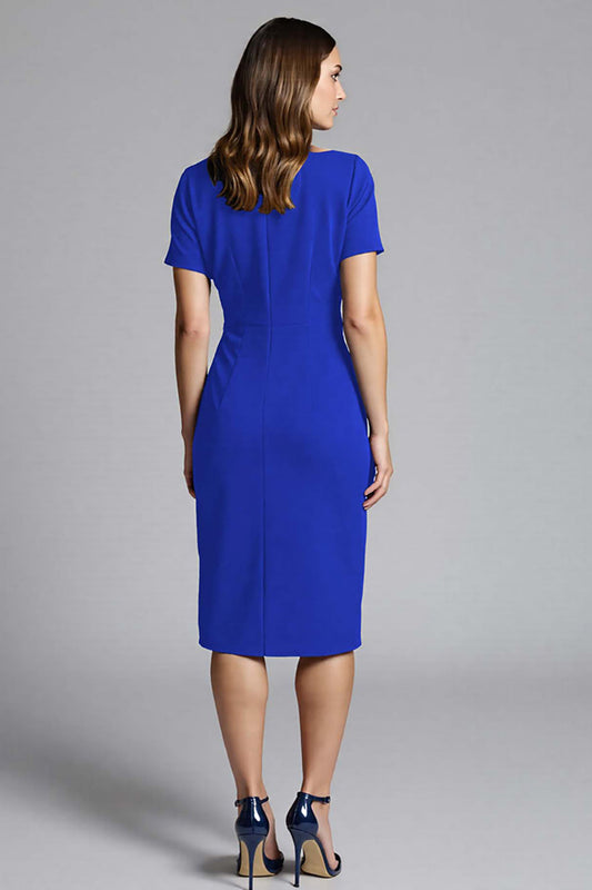 Royal Blue Bateau Neck Bodycon Ruched Midi Satin Work Dress with Sleeves