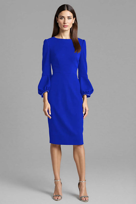 Royal Blue Satin Bodycon Bateau Neck Midi Work Dress with Sleeves
