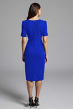 Royal Blue Bodycon V-Neck Midi Satin Work Dress with Short Sleeves Royal Blue Bodycon V-Neck Midi Satin Work Dress with Short Sleeves