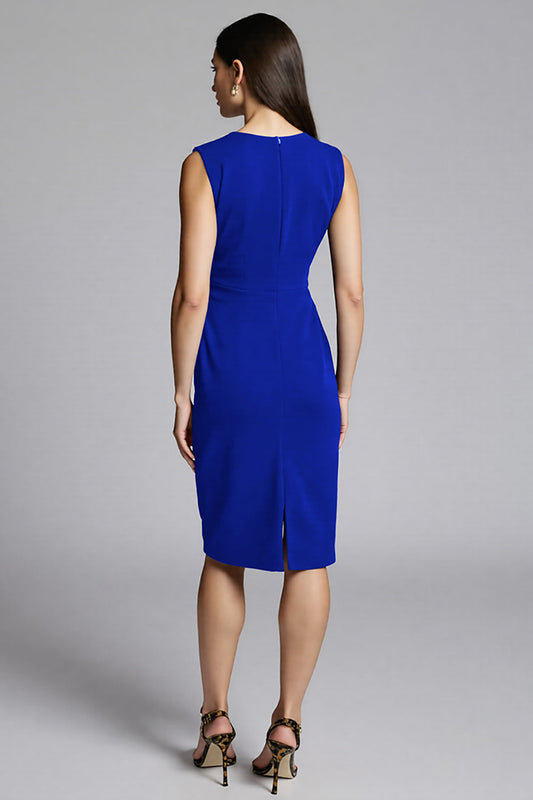 Royal Blue Satin Bodycon V-Neck Midi Work Dress