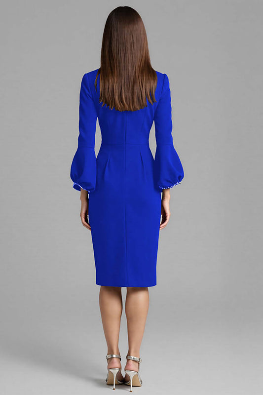 Royal Blue Satin Bodycon Bateau Neck Midi Work Dress with Sleeves