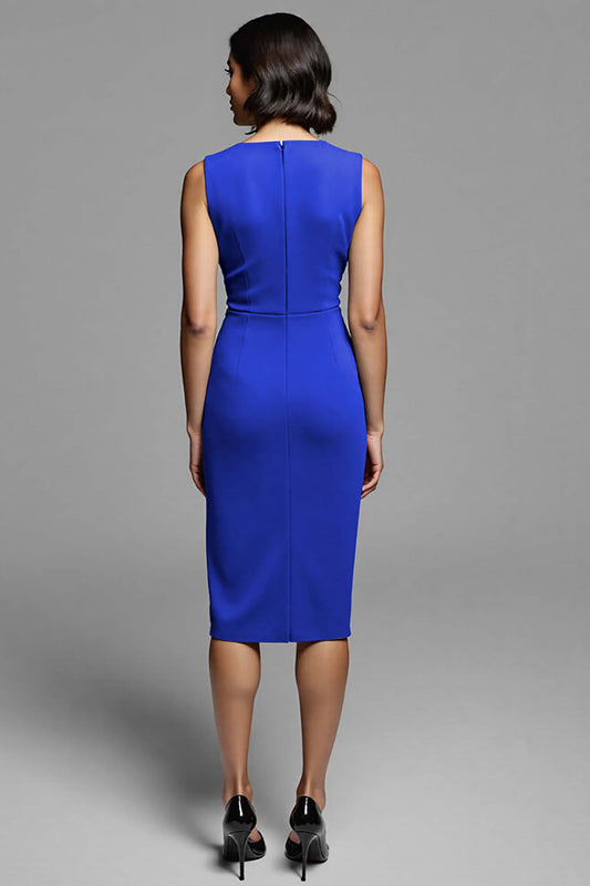 Royal Blue Satin Bodycon Midi Ruched Work Dress with Slit