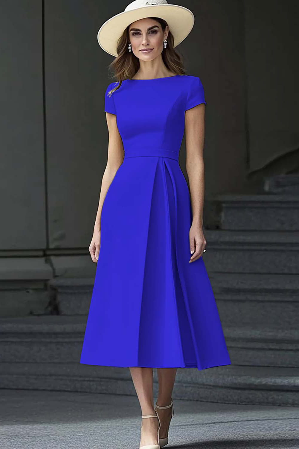 Dusty Blue Satin A Line Bateau Neck Midi Work Dress with Sleeves Dusty Blue Satin A Line Bateau Neck Midi Work Dress with Sleeves