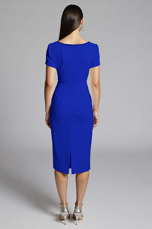 Royal Blue Bodycon Ruffled Satin Midi Work Dress with Ruffles