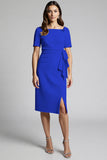 Dusty Blue Bodycon Square Neck Midi Satin Work Dress with Slit Dusty Blue Bodycon Square Neck Midi Satin Work Dress with Slit