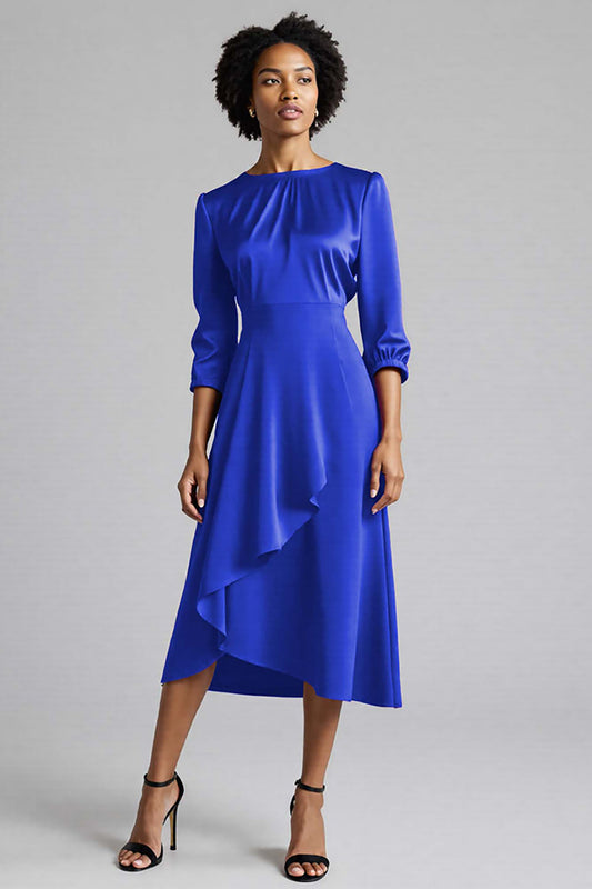 Royal Blue Satin Midi A Line Work Dress with Sleeves