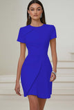 Dusty Blue Bodycon Round Neck Satin Work Dress with Short Sleeves Dusty Blue Bodycon Round Neck Satin Work Dress with Short Sleeves