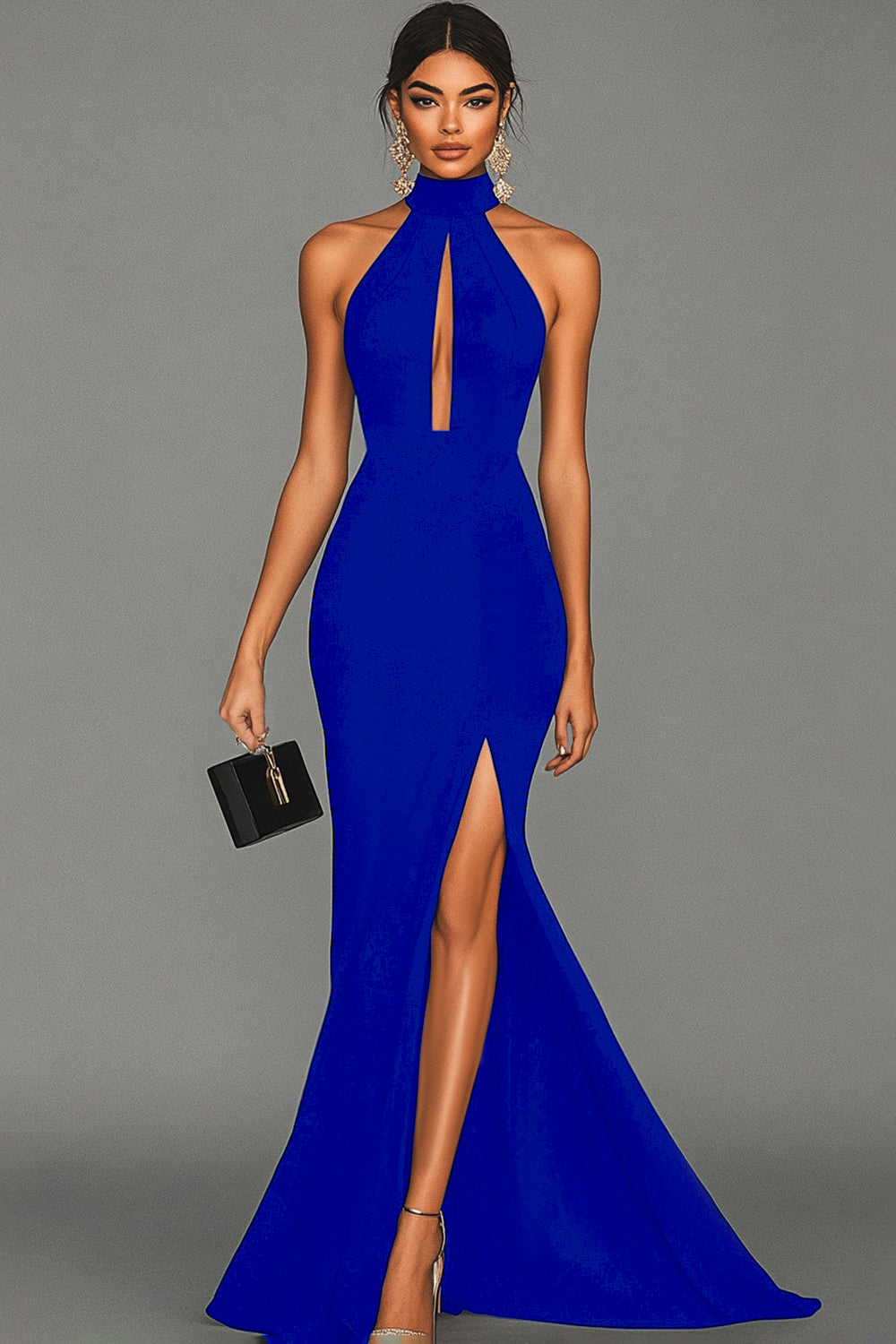 Zapaka Royal Blue Halter Top Mermaid Maxi Formal Wedding Guest Dress Keyhole Satin Gala Dress with Slit Zapaka Royal Blue Halter Top Mermaid Maxi Formal Wedding Guest Dress Keyhole Satin Gala Dress with Slit