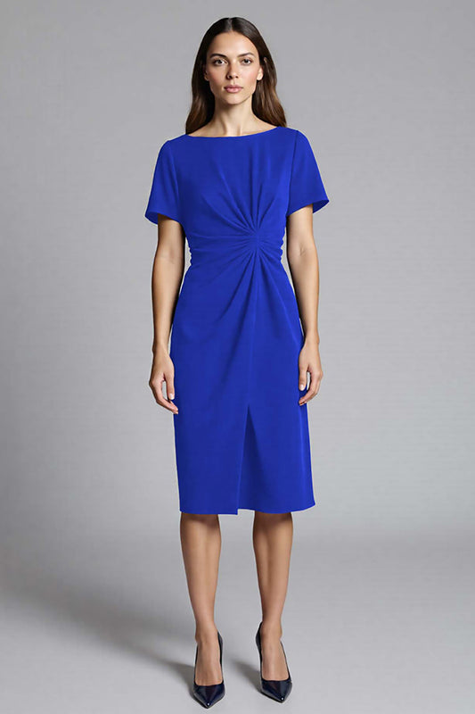 Royal Blue Bateau Neck Bodycon Ruched Midi Satin Work Dress with Sleeves