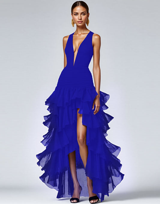Royal Blue A Line Sleeveless V-Neck Tiered Long Formal Dress with Slit