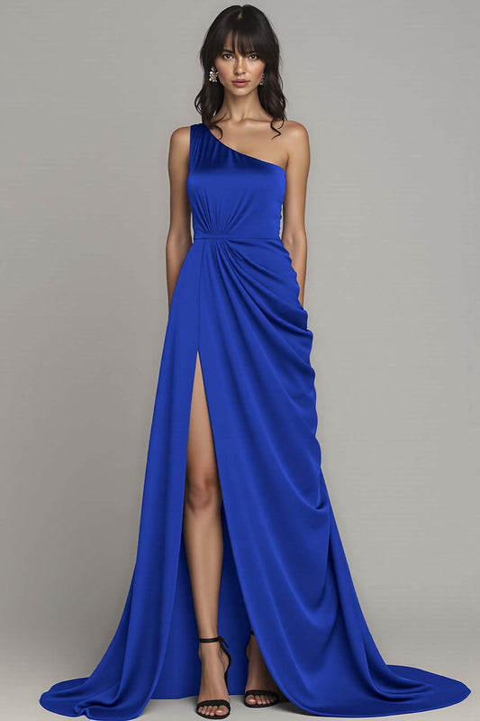 Satin Peacock A Line Long One Shoulder Satin Formal Dress with Slit