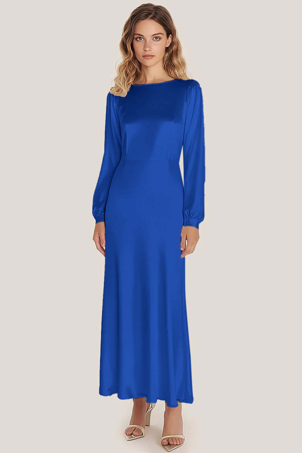 Ivory Satin Scoop Neck A-Line Ankle Length Formal Dress with Long Sleeves Ivory Satin Scoop Neck A-Line Ankle Length Formal Dress with Long Sleeves