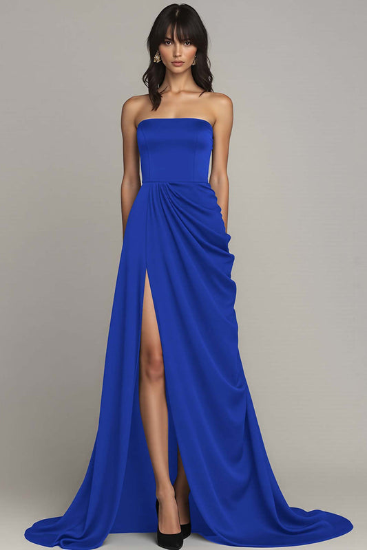 Peacock Strapless A Line Long Satin Formal Dress with Slit