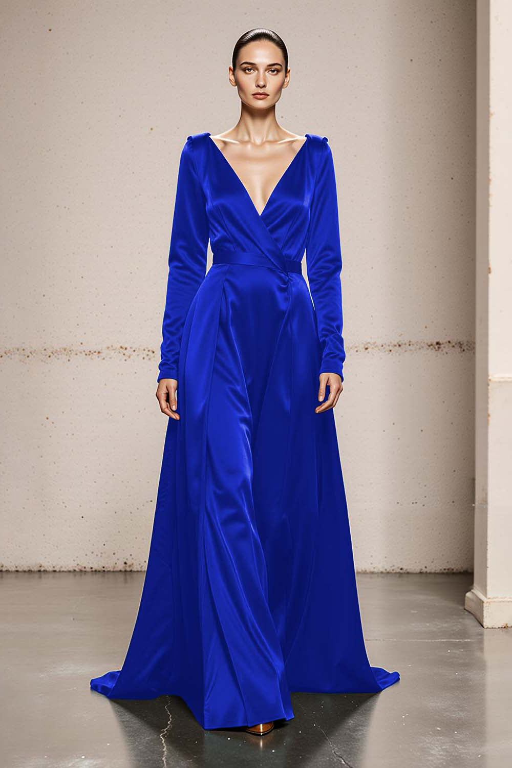 Peacock Green V-Neck Satin A Line Long Formal Dress with Sleeves Peacock Green V-Neck Satin A Line Long Formal Dress with Sleeves