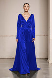 Peacock Green V-Neck Satin A Line Long Formal Dress with Sleeves Peacock Green V-Neck Satin A Line Long Formal Dress with Sleeves