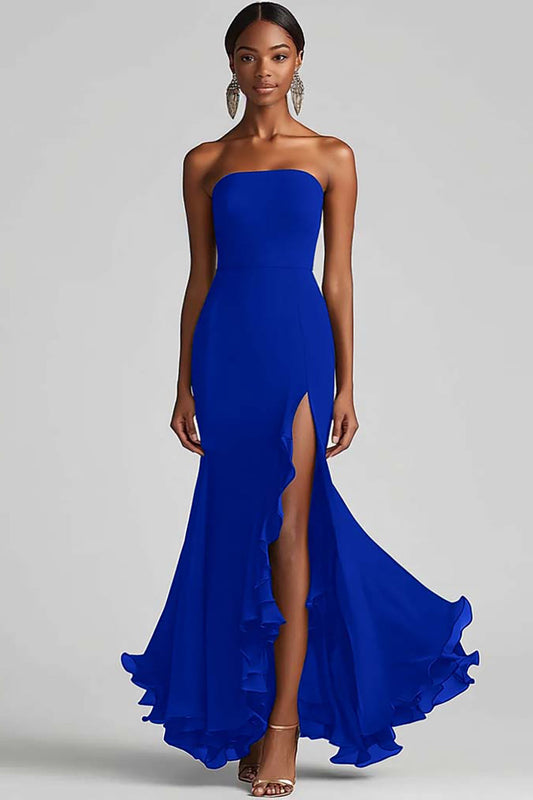 Royal Blue Sheath Chiffon Long Strapless Formal Dress with Slit