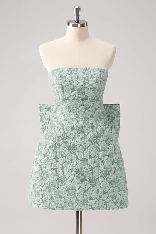 Sage Green Floral Strapless A Line Short Homecoming Dress with Bow