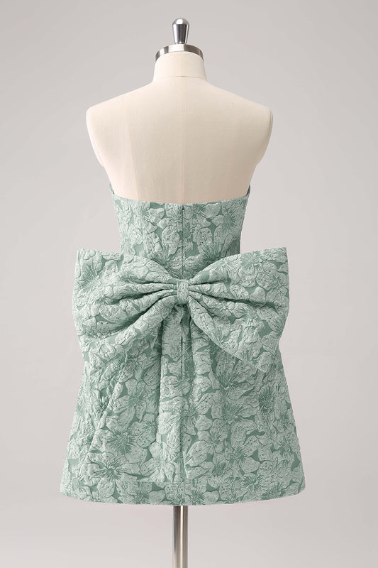 Sage Green Floral Strapless A Line Short Homecoming Dress with Bow