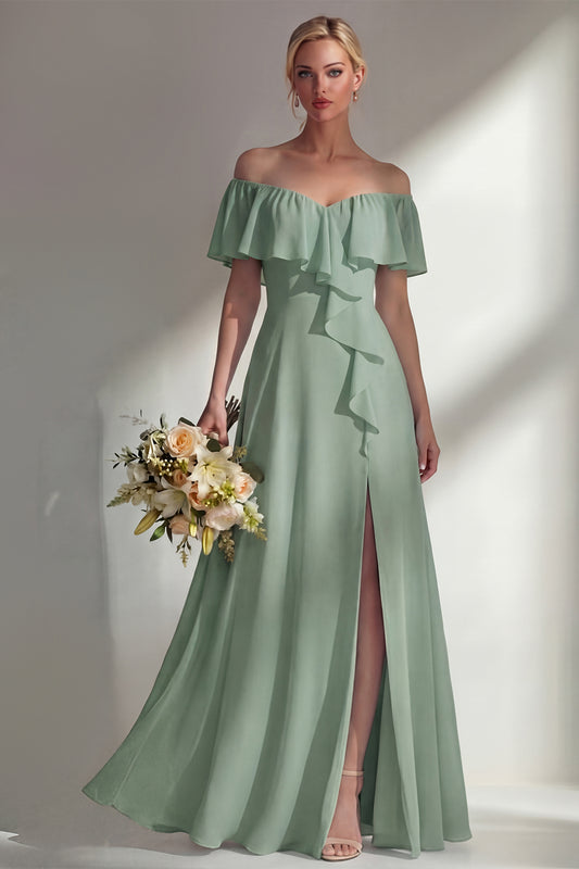 Off the Shoulder A Line Ruffled Sage Green Long Beach Bridesmaid Dress with Slit