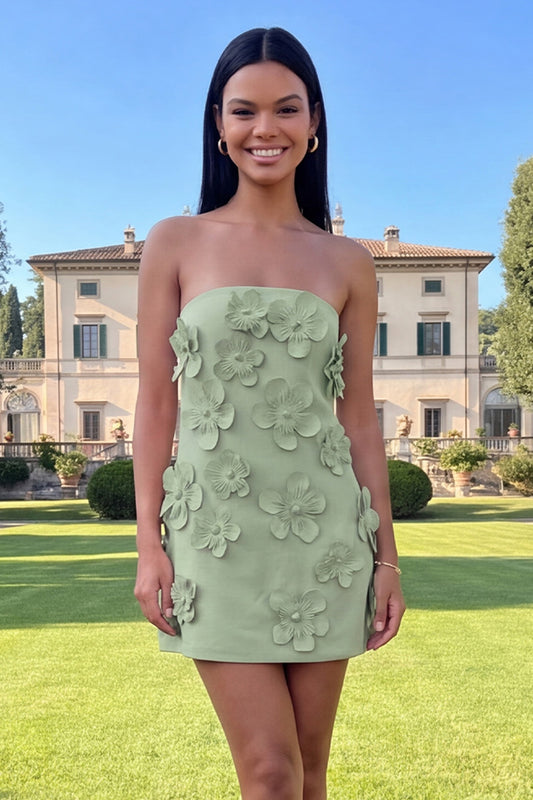 Zapakasa Women Floral Sage Green Satin Short Homecoming Dress Tight Strapless Cocktail Dress