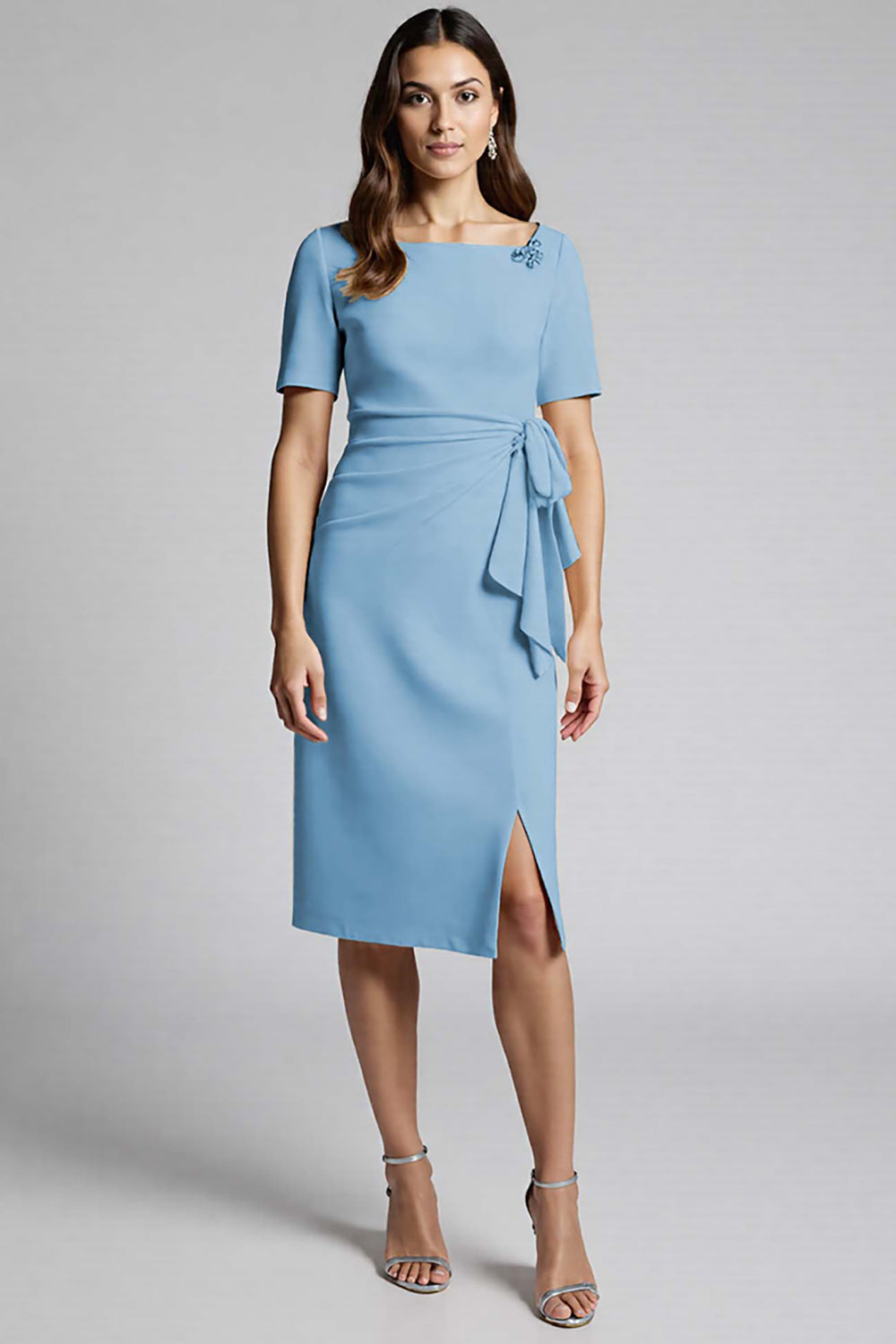 Dusty Blue Bodycon Square Neck Midi Satin Work Dress with Slit Dusty Blue Bodycon Square Neck Midi Satin Work Dress with Slit