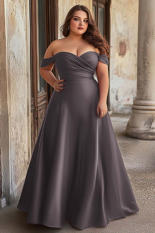 Dusty Blue Off the Shoulder Satin A Line Long Prom Dress