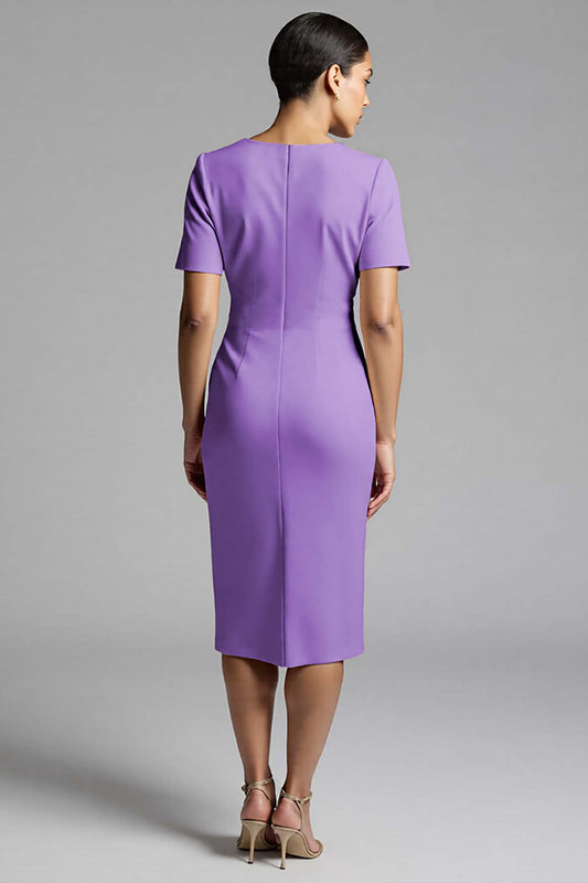 Tahiti V-Neck Bodycon Midi Satin Work Dress with Short Sleeves