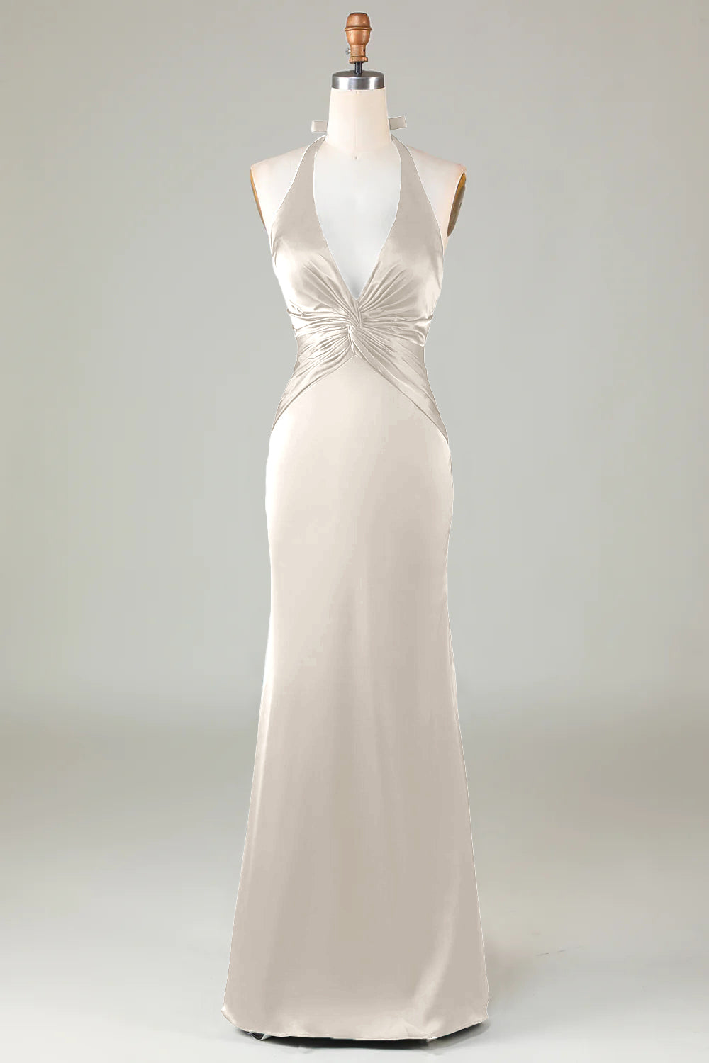 Elegant Taupe Satin Halter Mermaid Bridesmaid Dress Open Back Maxi Prom Dress Elegant Taupe Satin Halter Mermaid Bridesmaid Dress Open Back Maxi Prom Dress