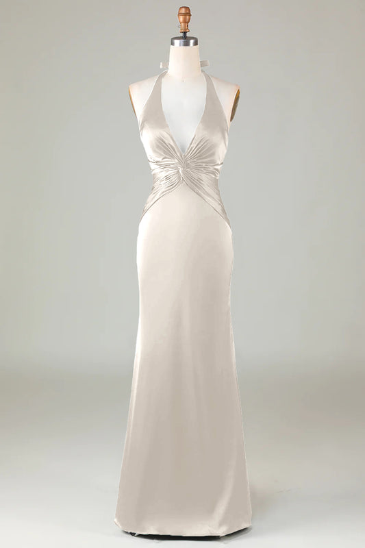 Elegant Taupe Satin Halter Mermaid Bridesmaid Dress Open Back Maxi Prom Dress