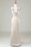 Elegant Taupe Satin Halter Mermaid Bridesmaid Dress Open Back Maxi Prom Dress Elegant Taupe Satin Halter Mermaid Bridesmaid Dress Open Back Maxi Prom Dress