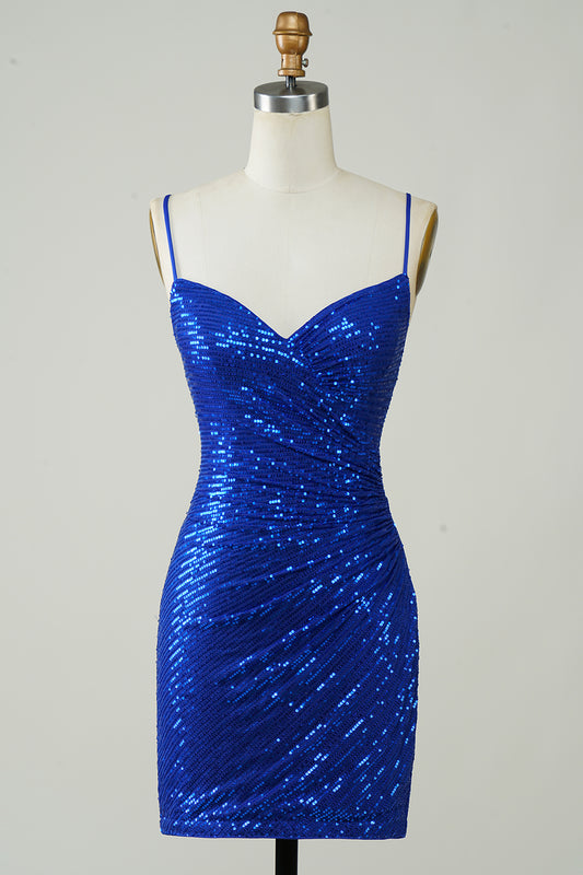 Blue Sequined Tight Backless Short Homecoming Dress