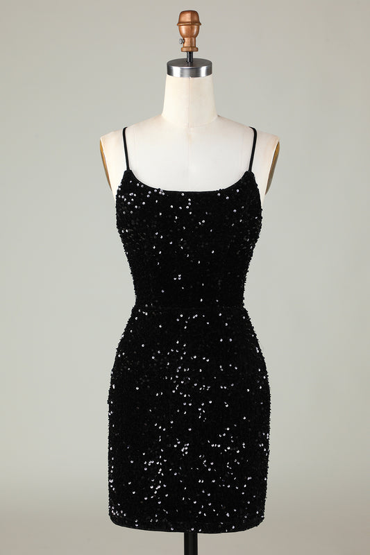Black Spaghetti Straps Sequin Bodycon Homecoming Dress With Criss Cross Back