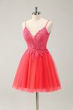 Cute Hot Pink A Line Spaghetti Straps Short Homecoming Dress with Appliques Cute Hot Pink A Line Spaghetti Straps Short Homecoming Dress with Appliques