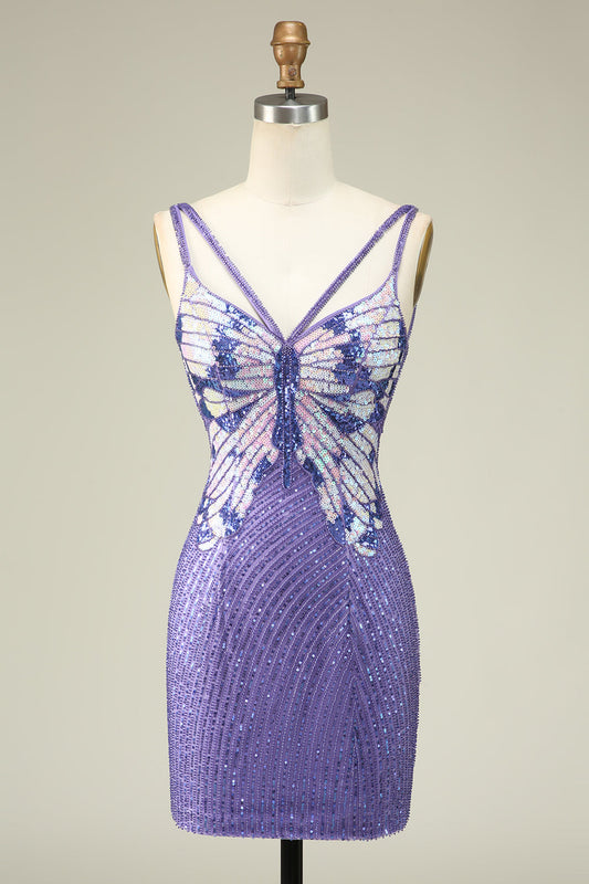 Spaghetti Straps Purple Tight Sequins Short Homecoming Dress