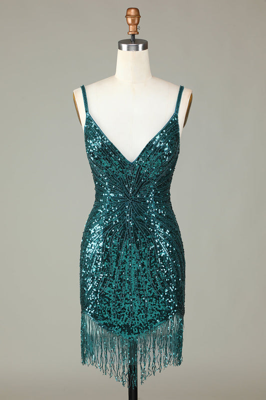 Sparkly Bodycon Spaghetti Straps Peacock Blue Lace-Up Back Short Homecoming Dress with Beading