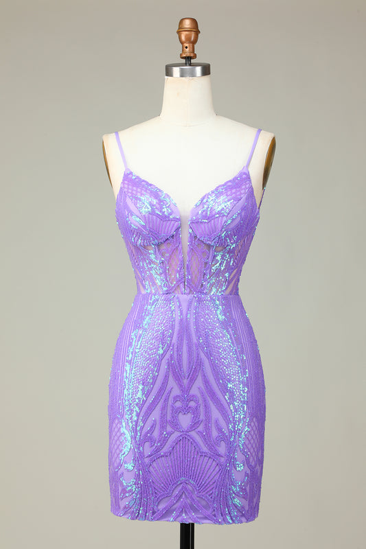 Lilac Spaghetti Straps Tight Short Homecoming Dress with Sequins