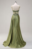 Green Mermaid Pleated Sheer Lace Long Corset Satin Prom Dress with Slit Green Mermaid Pleated Sheer Lace Long Corset Satin Prom Dress with Slit