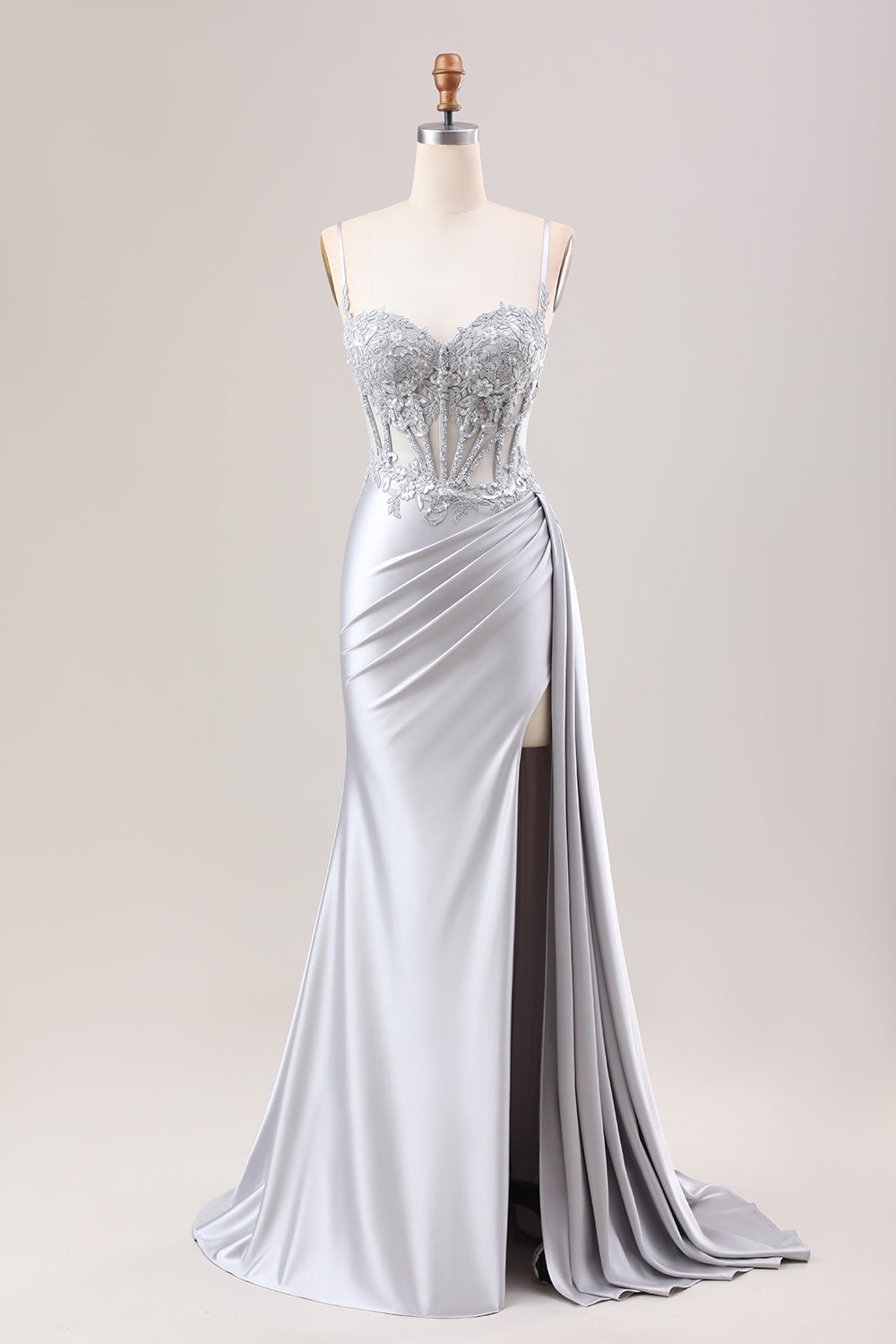 Zapakasa Women Silver Satin Prom Dress With Slit Mermaid Pleated Sheer