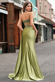 Green Mermaid Pleated Sheer Lace Long Corset Satin Prom Dress with Slit Green Mermaid Pleated Sheer Lace Long Corset Satin Prom Dress with Slit