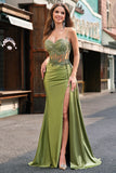 Green Mermaid Pleated Sheer Lace Long Corset Satin Prom Dress with Slit Green Mermaid Pleated Sheer Lace Long Corset Satin Prom Dress with Slit