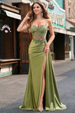 Green Mermaid Pleated Sheer Lace Long Corset Satin Prom Dress with Slit Green Mermaid Pleated Sheer Lace Long Corset Satin Prom Dress with Slit