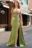 Green Mermaid Pleated Sheer Lace Long Corset Satin Prom Dress with Slit Green Mermaid Pleated Sheer Lace Long Corset Satin Prom Dress with Slit