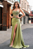 Green Mermaid Pleated Sheer Lace Long Corset Satin Prom Dress with Slit Green Mermaid Pleated Sheer Lace Long Corset Satin Prom Dress with Slit