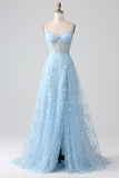 Sparkly Blue A Line Spaghetti Straps Sequin Corset Prom Dress With Slit Sparkly Blue A Line Spaghetti Straps Sequin Corset Prom Dress With Slit
