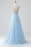 Sparkly Blue A Line Spaghetti Straps Sequin Corset Prom Dress With Slit Sparkly Blue A Line Spaghetti Straps Sequin Corset Prom Dress With Slit
