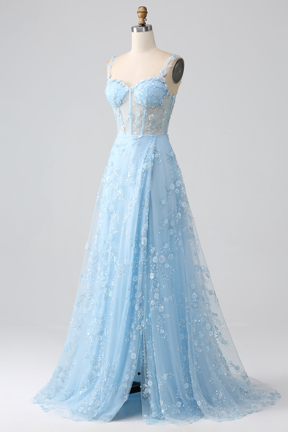 Sparkly Blue A Line Spaghetti Straps Sequin Corset Prom Dress With Slit Sparkly Blue A Line Spaghetti Straps Sequin Corset Prom Dress With Slit