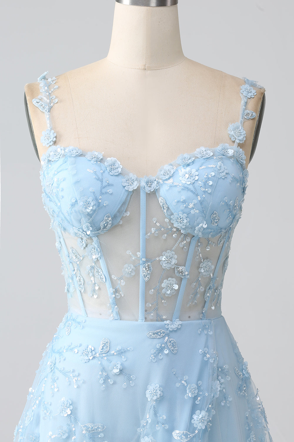 Sparkly Blue A Line Spaghetti Straps Sequin Corset Prom Dress With Slit Sparkly Blue A Line Spaghetti Straps Sequin Corset Prom Dress With Slit
