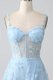 Sparkly Blue A Line Spaghetti Straps Sequin Corset Prom Dress With Slit Sparkly Blue A Line Spaghetti Straps Sequin Corset Prom Dress With Slit